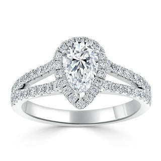 0.75 CT Pear Cut Halo Split Shank Setting Moissanite Engagement Ring - Barbara Maison 