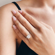 Radiant cut lab grown diamond engagement ring with halo and pavé setting, crafted in polished gold band