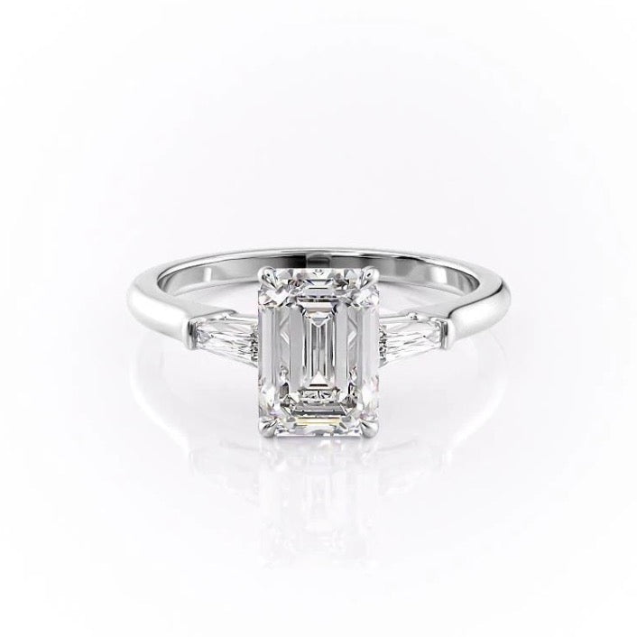2.10 CT Emerald Cut Three Stone Moissanite Engagement Ring - Barbara Maison 