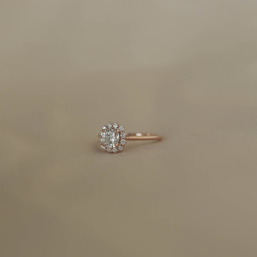 0.96 CT Cushion Cut Halo Moissanite Engagement Ring - Barbara Maison 