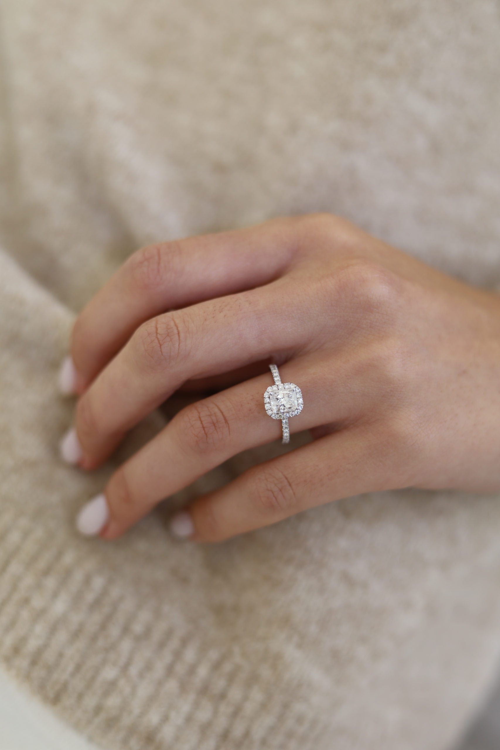 Radiant cut lab grown diamond engagement ring with halo and pavé setting, crafted in polished gold band