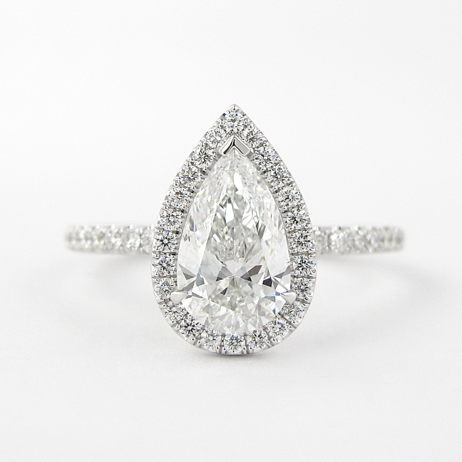 1.5 CT Pear Cut Halo Style Moissanite Engagement Ring - Barbara Maison 