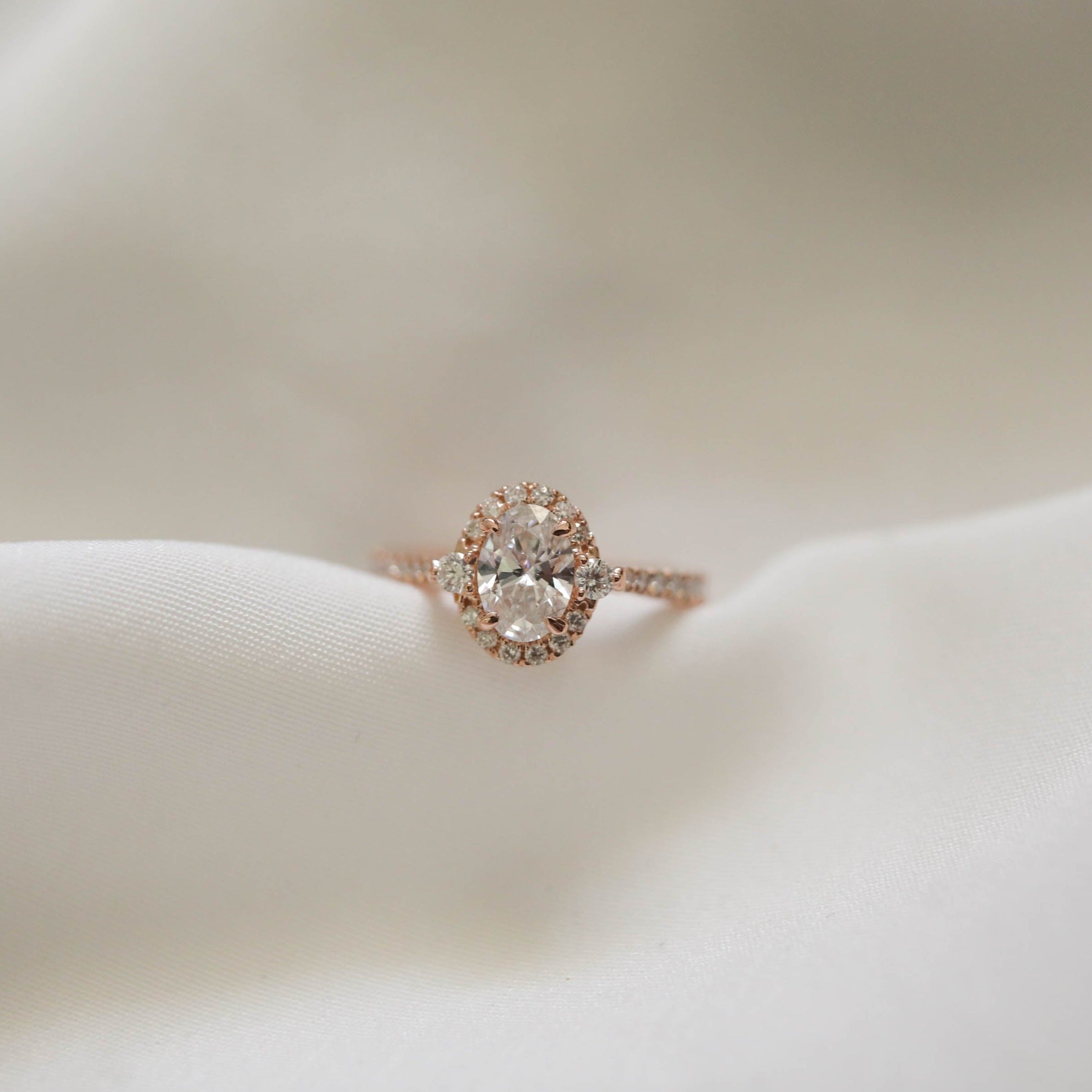 0.84 CT Oval Cut Halo & Pave Moissanite Engagement Ring - Barbara Maison 