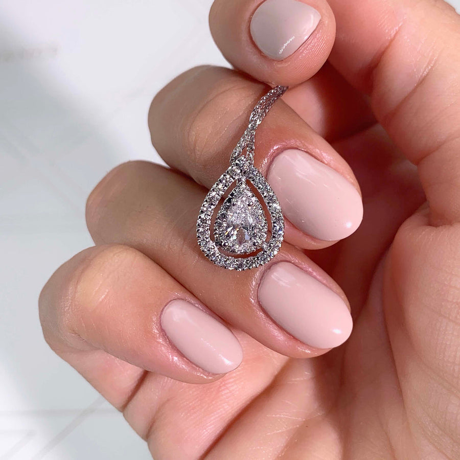 1.0 CT Pear Double Halo CVD F/VS Diamond Necklace - Barbara Maison 