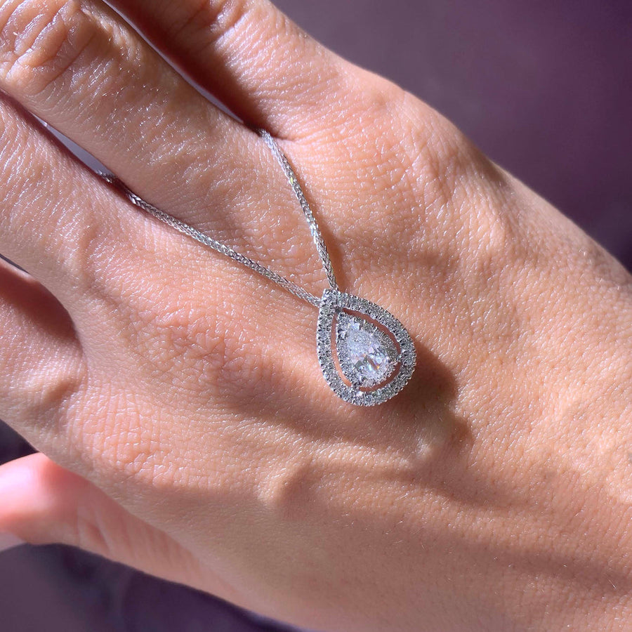 1.0 CT Pear Double Halo CVD F/VS Diamond Necklace - Barbara Maison 