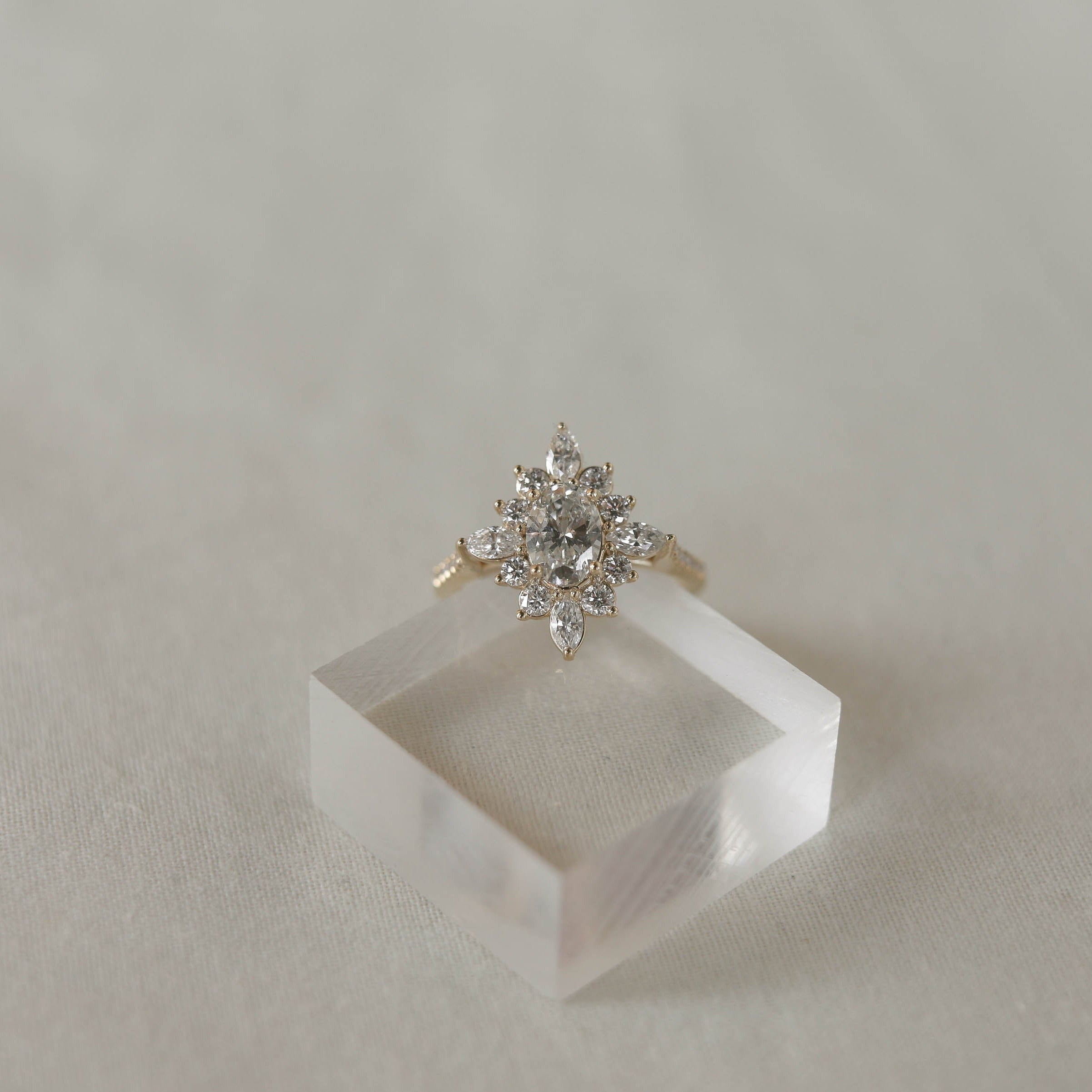 0.84 CT Oval Cut Cluster Halo Moissanite Engagement Ring - Barbara Maison 