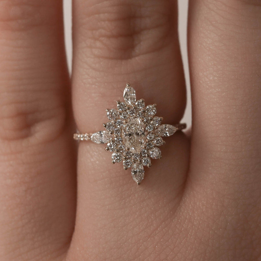 0.43 CT Oval Cluster Halo Moissanite Engagement Ring - Barbara Maison 