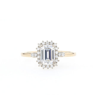 0.92 CT Emerald Cut Halo Moissanite Engagement Ring - Barbara Maison 