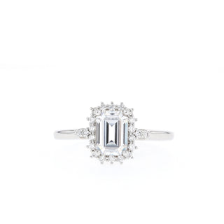 0.92 CT Emerald Cut Halo Moissanite Engagement Ring - Barbara Maison 