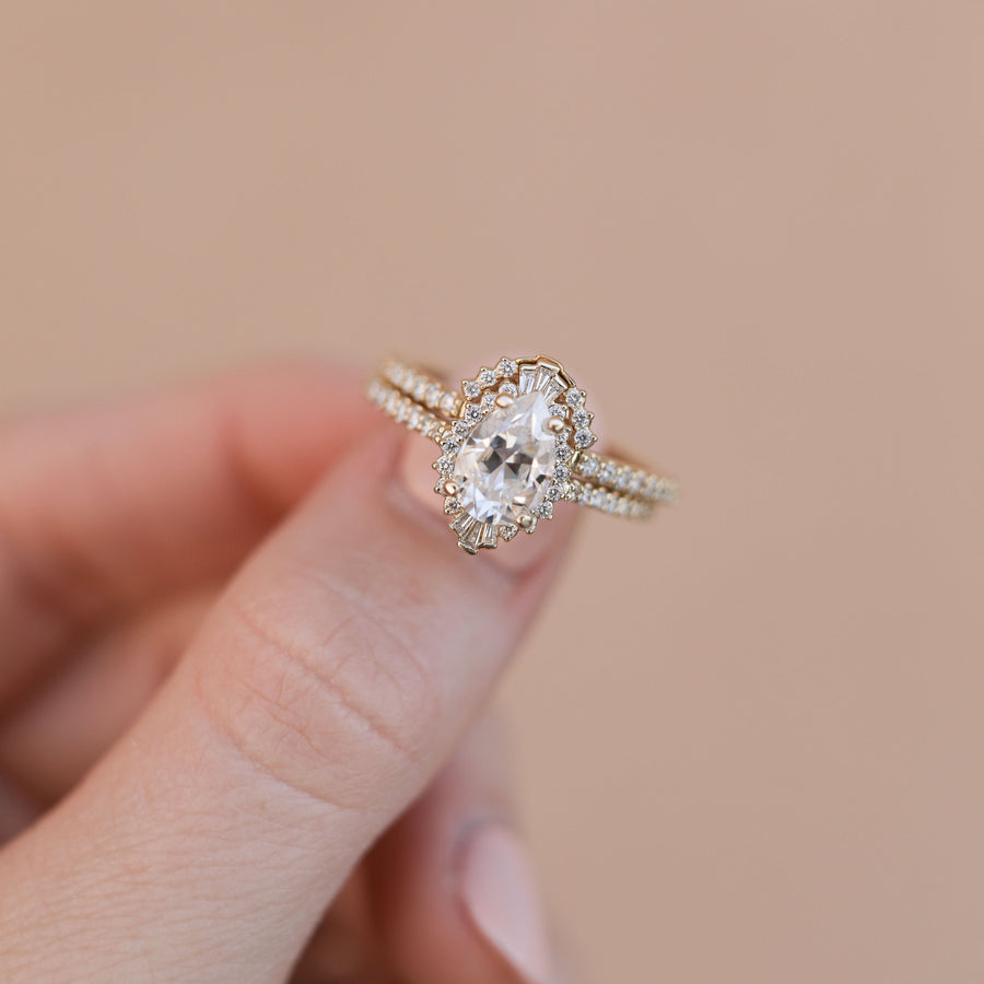 0.69-1.33 CT Pear Cut Halo & Pave Moissanite Bridal Ring Set - Barbara Maison 