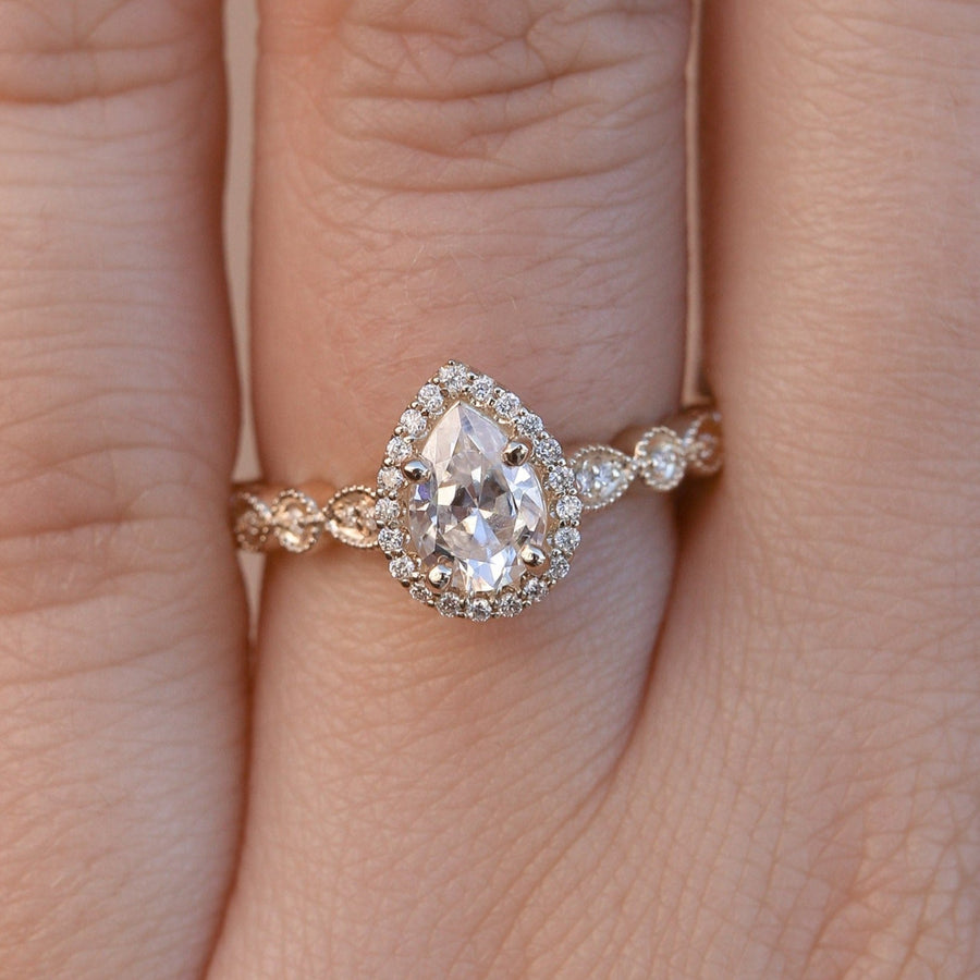 0.69-1.93 CT Pear Cut Halo & Pave Moissanite Engagement Ring - Barbara Maison 