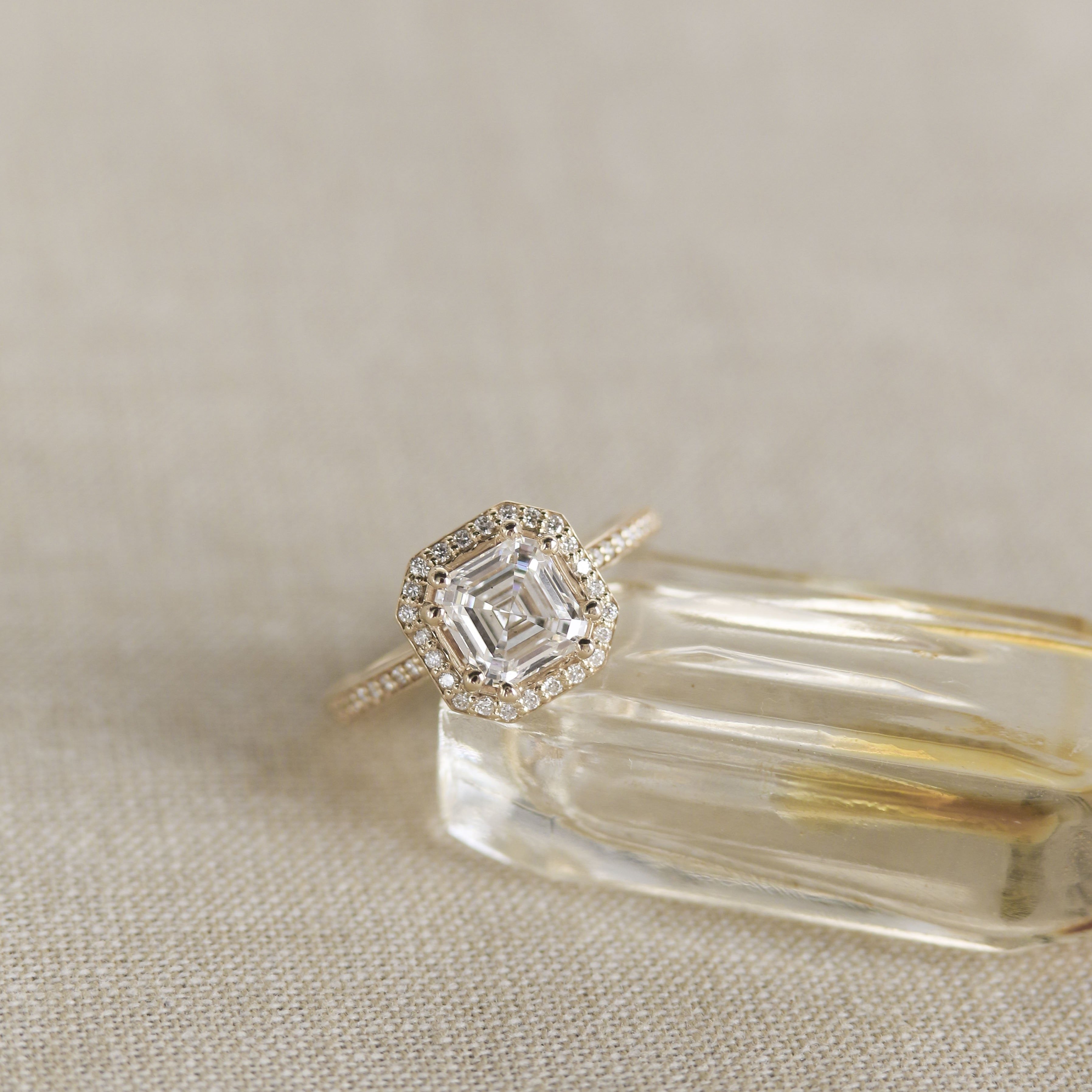 2.1 CT Asscher Cut Halo Style Moissanite Engagement Ring - Barbara Maison 