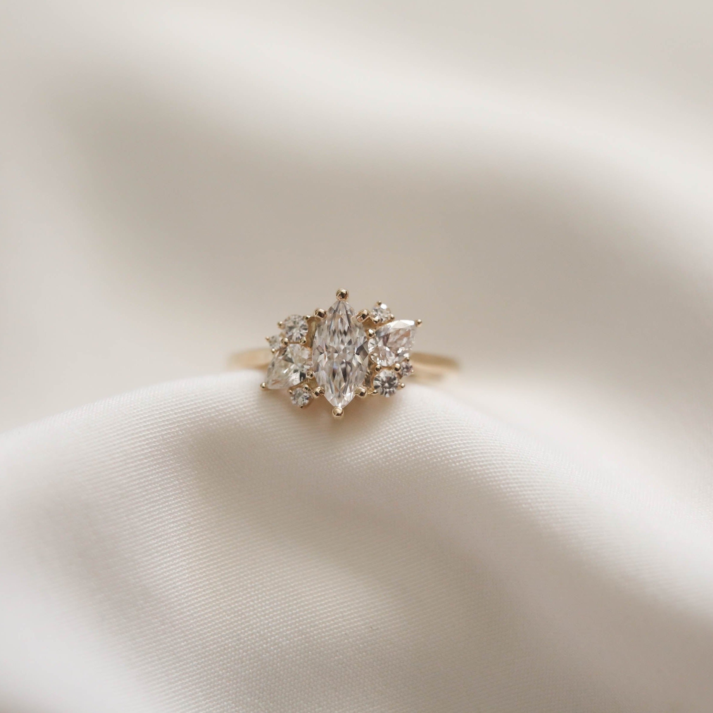 0.67 CT Marquise Cut Cluster Moissanite Engagement Ring - Barbara Maison 