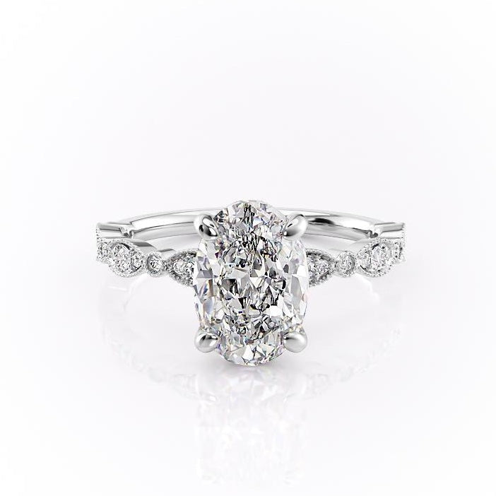 2.10 CT Oval Solitaire & Milgrain Pave Moissanite Engagement Ring - Barbara Maison 