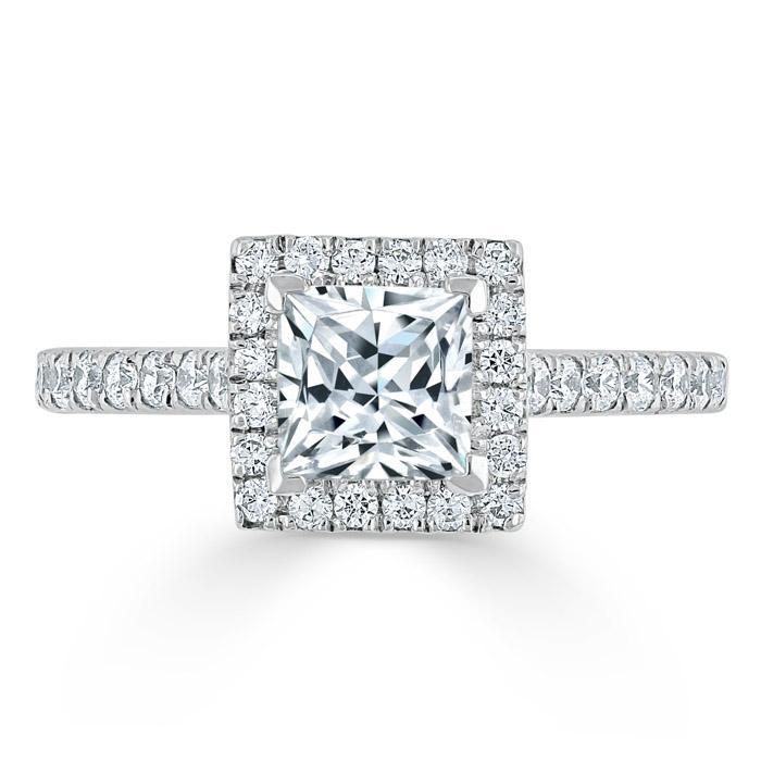 1.0 CT Princess Cut Halo Pave Setting Moissanite Engagement Ring - Barbara Maison 