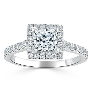 1.0 CT Princess Cut Halo Pave Setting Moissanite Engagement Ring - Barbara Maison 