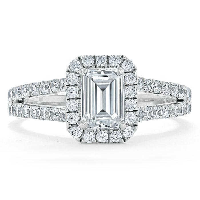 1.0 CT Emerald Cut Halo Split Shank Setting Moissanite Engagement Ring - Barbara Maison 