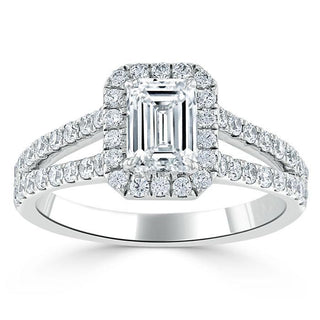 1.0 CT Emerald Cut Halo Split Shank Setting Moissanite Engagement Ring - Barbara Maison 