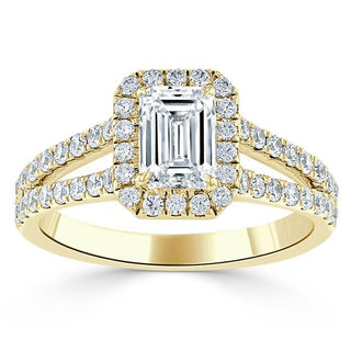 1.0 CT Emerald Cut Halo Split Shank Setting Moissanite Engagement Ring - Barbara Maison 