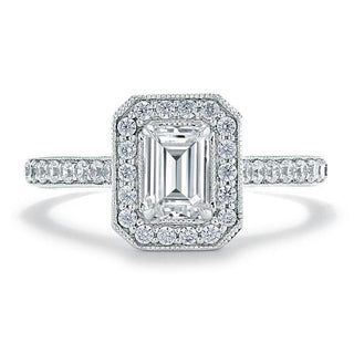 1.0 CT Emerald Cut Halo Moissanite Engagement Ring With Pave Setting - Barbara Maison 