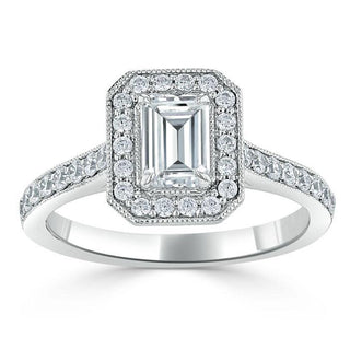 1.0 CT Emerald Cut Halo Moissanite Engagement Ring With Pave Setting - Barbara Maison 