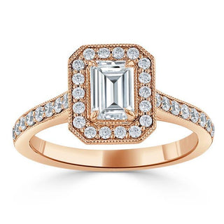 1.0 CT Emerald Cut Halo Moissanite Engagement Ring With Pave Setting - Barbara Maison 