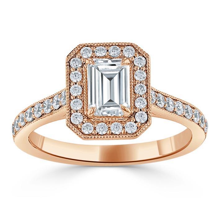 1.0 CT Emerald Cut Halo Moissanite Engagement Ring With Pave Setting - Barbara Maison 