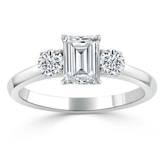 0.75 CT Emerald Cut Three Stone Moissanite Engagement Ring - Barbara Maison 