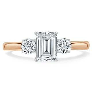 0.75 CT Emerald Cut Three Stone Moissanite Engagement Ring - Barbara Maison 