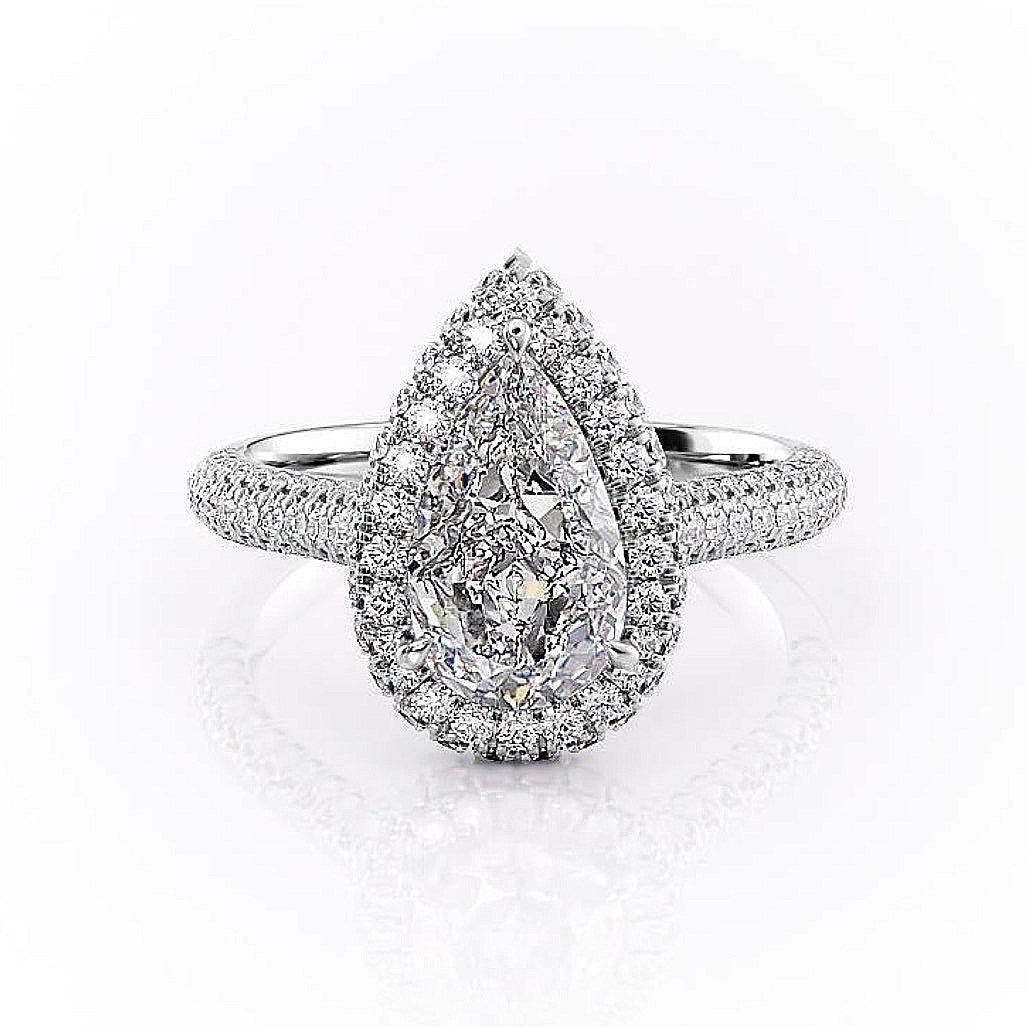 2.0 CT Pear Cut Halo Triple Pave Moissanite Engagement Ring - Barbara Maison 