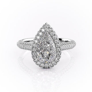 2.0 CT Pear Cut Halo Triple Pave Moissanite Engagement Ring - Barbara Maison 