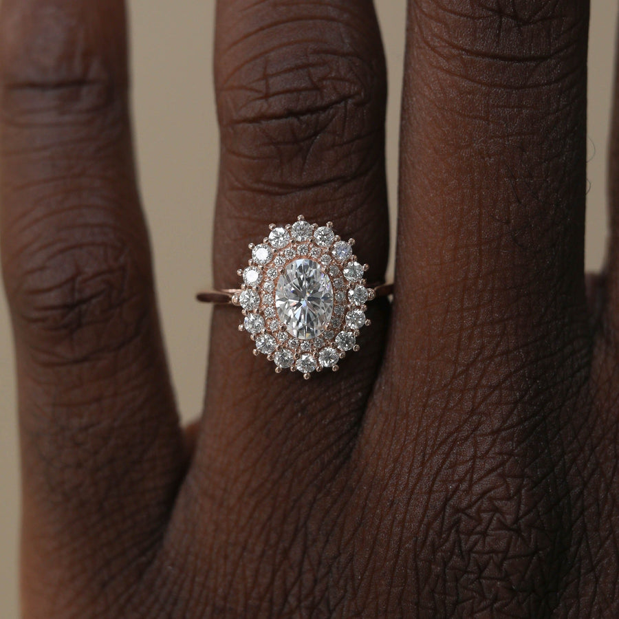 0.84 CT Oval Cut Double Halo Moissanite Engagement Ring - Barbara Maison 