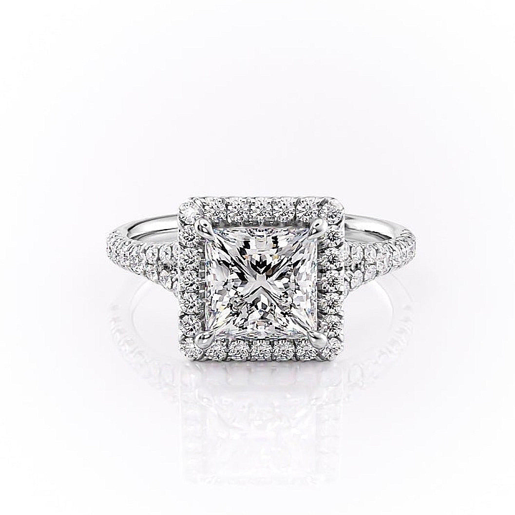 2.08 CT Princess Cut Halo Split Shank Setting Moissanite Engagement Ring - Barbara Maison 
