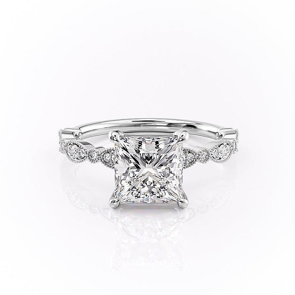 2.08 CT Princess Solitaire Milgrain Pave Moissanite Engagement Ring - Barbara Maison 