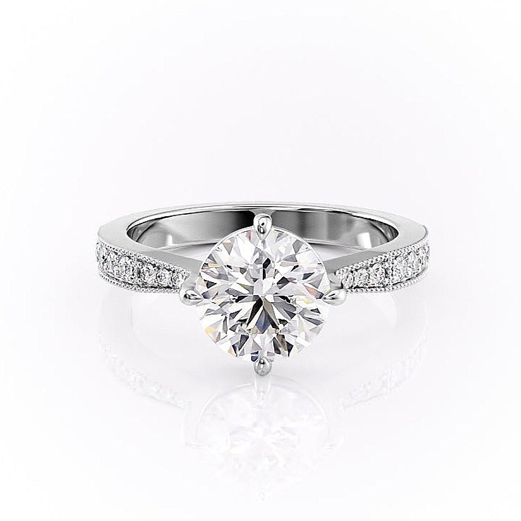 1.60 CT Round Cut Solitaire Milgrain Pave Set Moissanite Engagement Ring - Barbara Maison 