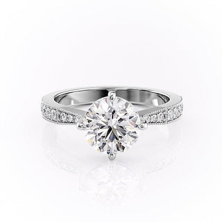 1.60 CT Round Cut Solitaire Milgrain Pave Set Moissanite Engagement Ring - Barbara Maison 