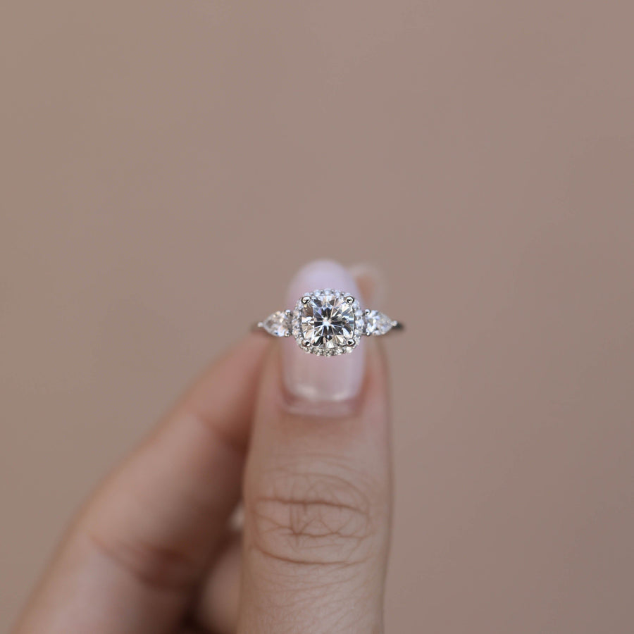 0.96 CT Cushion Cut 3 Stones Moissanite Engagement Ring - Barbara Maison 