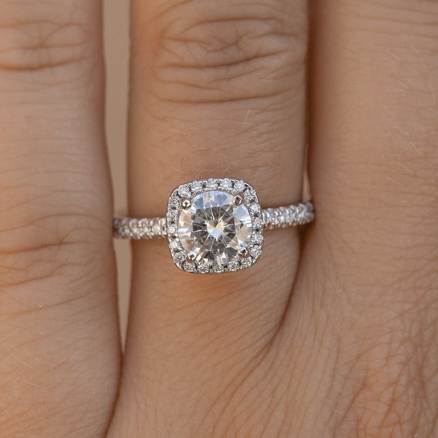 0.88 CT Round Cut Halo & Pave Moissanite Engagement Ring - Barbara Maison 