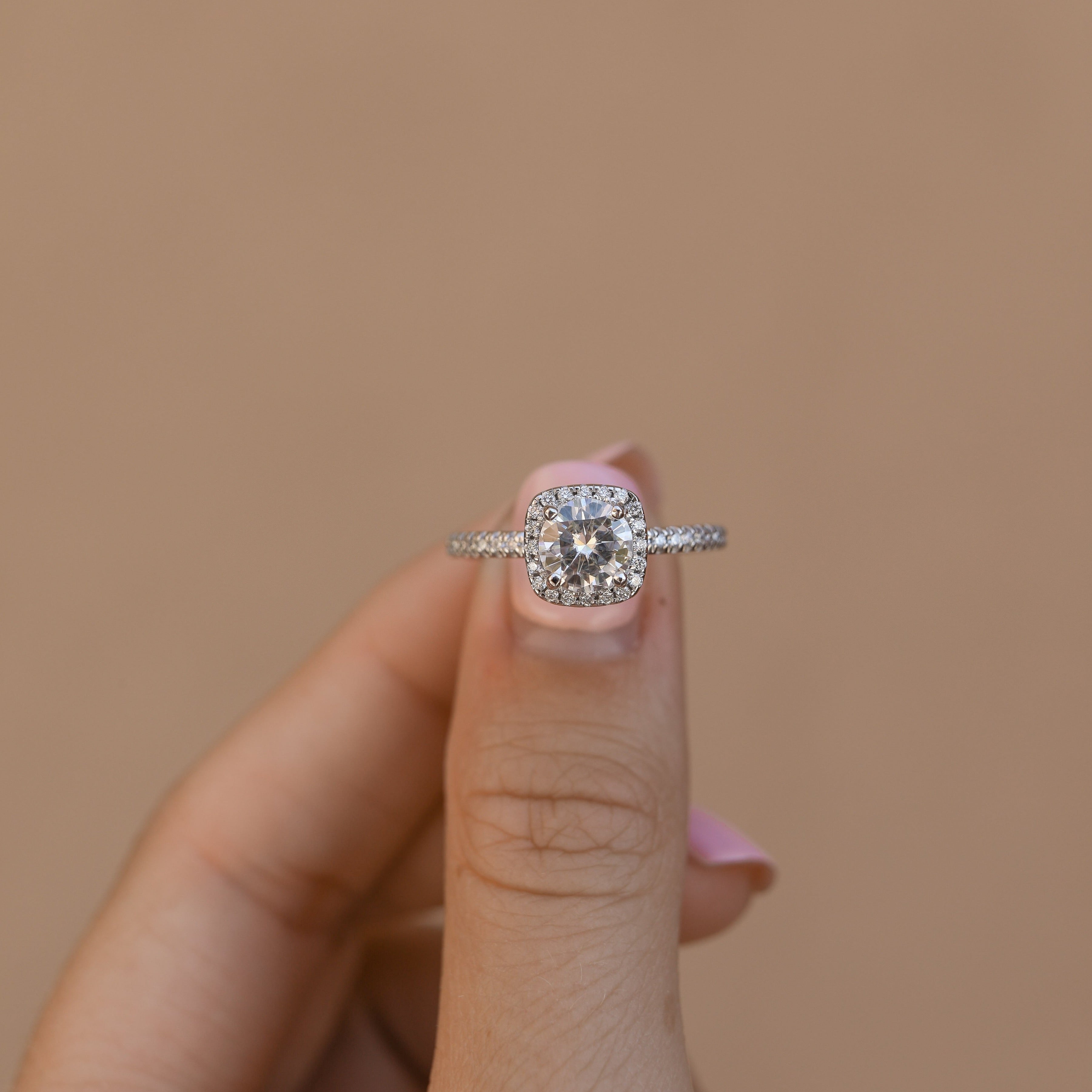 0.88 CT Round Cut Halo & Pave Moissanite Engagement Ring - Barbara Maison 