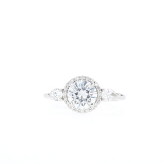 0.88 CT Round Cut Halo & 3 Stones Moissanite Engagement Ring - Barbara Maison 