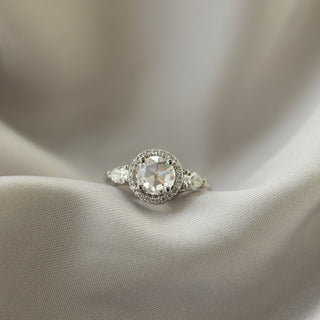 0.75 CT Round Cut Halo & 3 Stones Moissanite Engagement Ring - Barbara Maison 