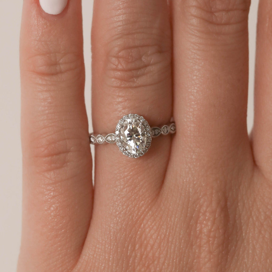 0.84-1.91 CT Oval Cut Halo & Pave Moissanite Engagement Ring - Barbara Maison 