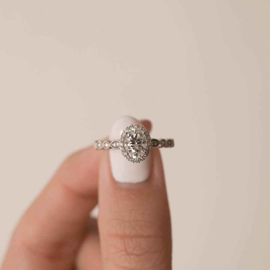 0.84-1.91 CT Oval Cut Halo & Pave Moissanite Engagement Ring - Barbara Maison 