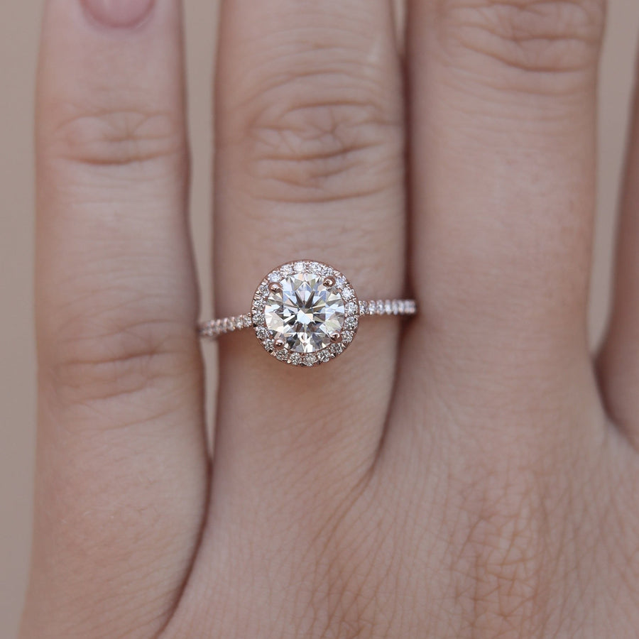 1.0 CT Round Cut Halo & Pave Moissanite Engagement Ring - Barbara Maison 