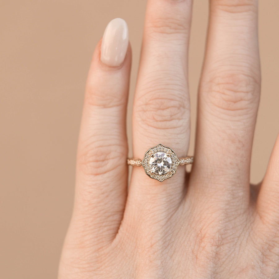 1 CT Round Cut Halo & Pave Moissanite Engagement Ring - Barbara Maison 