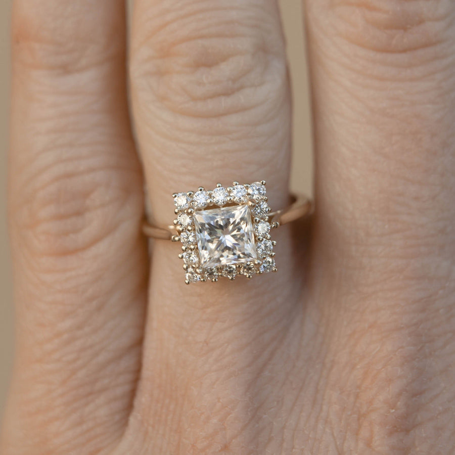 1.07 CT Princess Cut Halo Moissanite Engagement Ring - Barbara Maison 