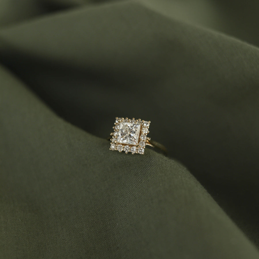 1.07 CT Princess Cut Halo Moissanite Engagement Ring - Barbara Maison 