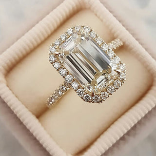 3.18 CT Emerald Cut Halo Style Moissanite Engagement Ring - Barbara Maison 