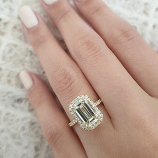 3.18 CT Emerald Cut Halo Style Moissanite Engagement Ring - Barbara Maison 