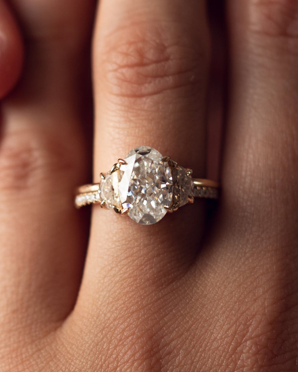 3.0 CT Oval Three Stone Pave Moissanite Engagement Ring - Barbara Maison 